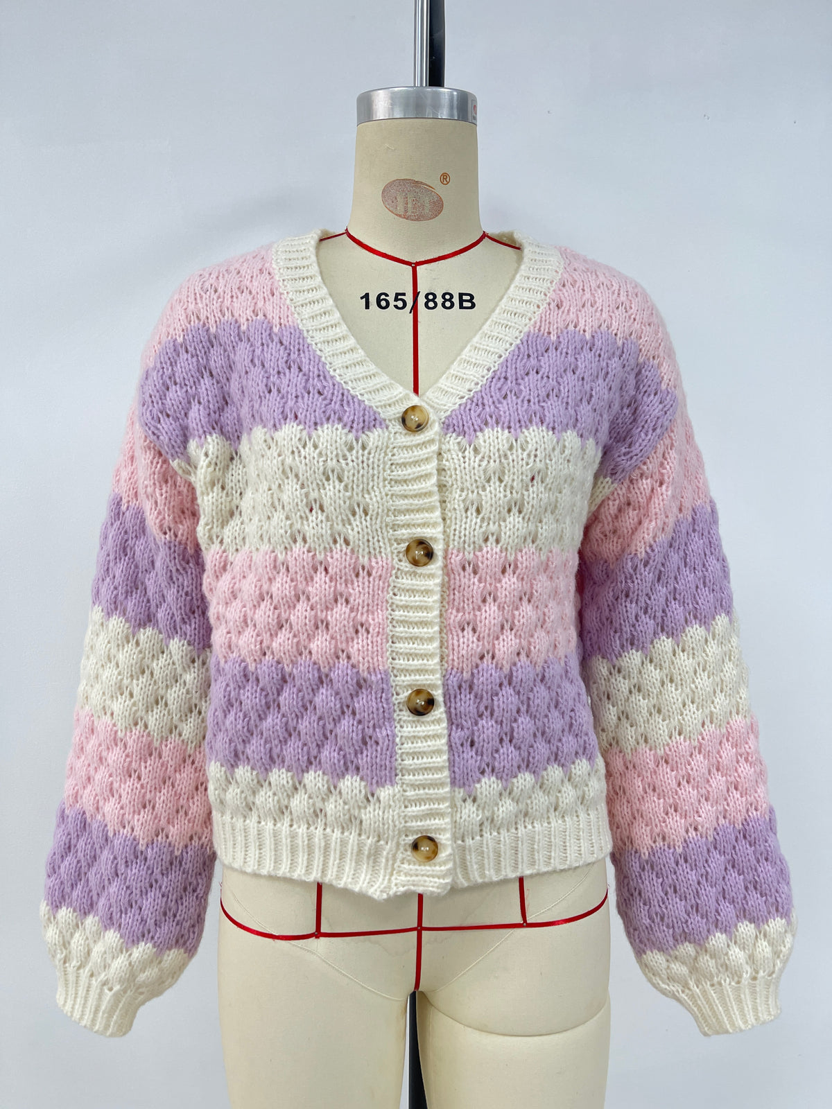 Bubble Stitch Striped V Neck Cardigan - Pink - 1