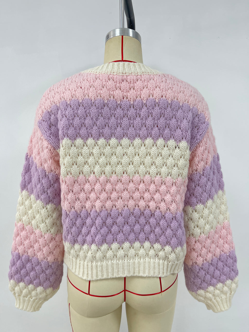 Bubble Stitch Striped V Neck Cardigan - Pink - 2