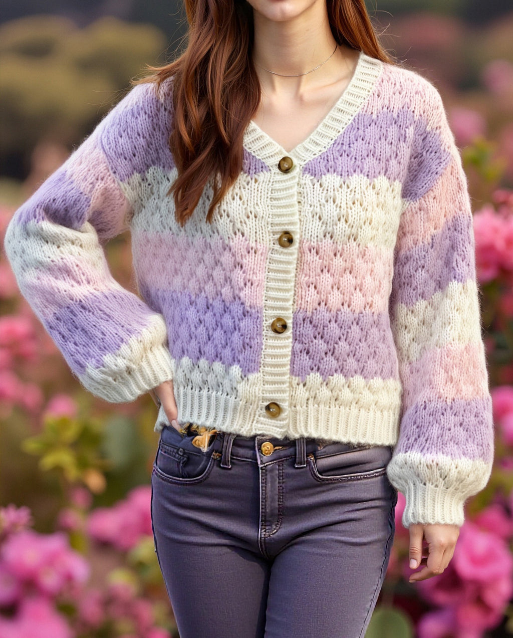 Bubble Stitch Striped V Neck Cardigan - Pink - 3