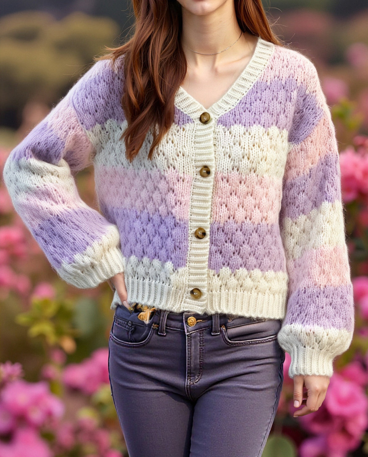 Bubble Stitch Striped V Neck Cardigan - Pink - 3