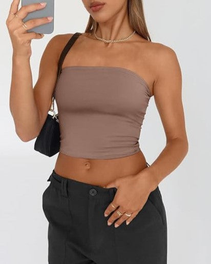 Strapless Bandeau Tube Crop Top - Camel