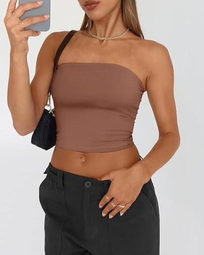 Strapless Bandeau Tube Crop Top - Coffee