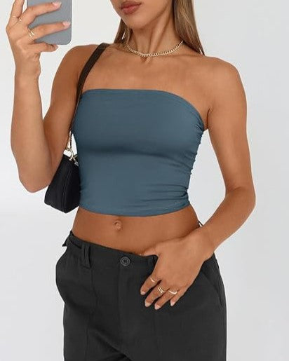 Strapless Bandeau Tube Crop Top - HazeBlue