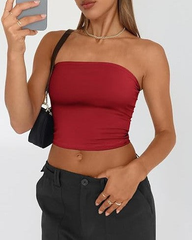 Strapless Bandeau Tube Crop Top - Red