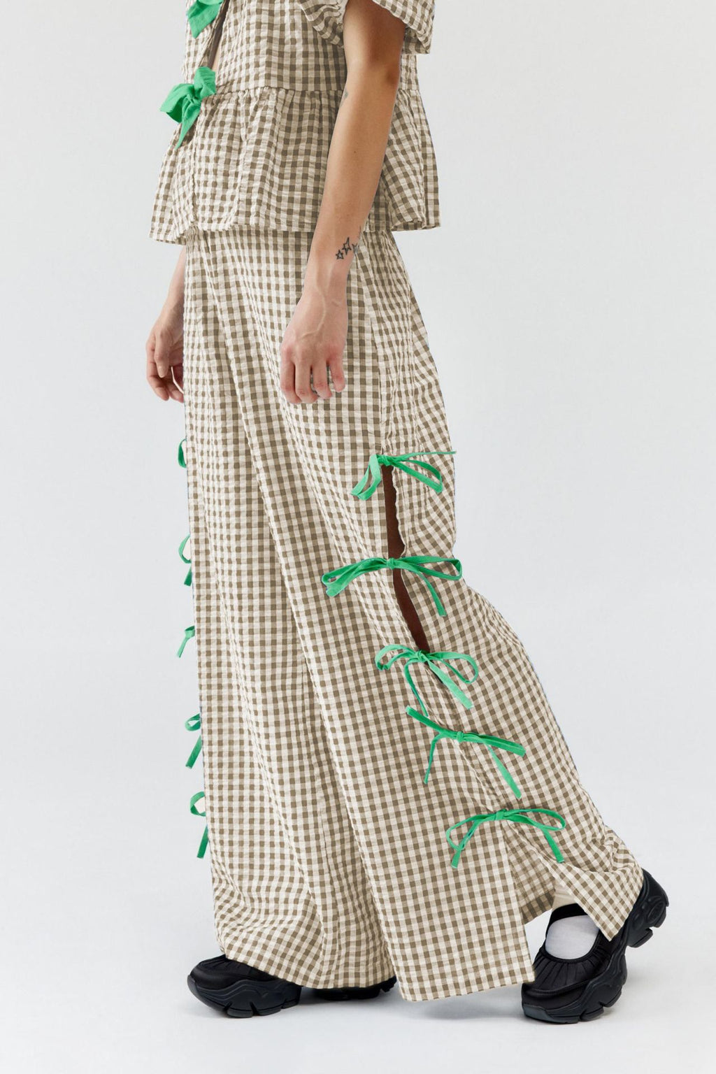 Gingham Bow Trim Wide Leg Trousers - Khaki