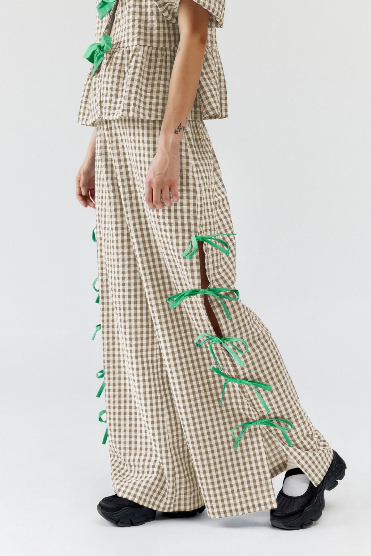 Gingham Bow Trim Wide Leg Trousers - Khaki