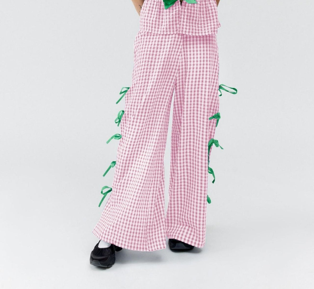 Gingham Bow Trim Wide Leg Trousers - Pink