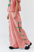 Gingham Bow Trim Wide Leg Trousers - red