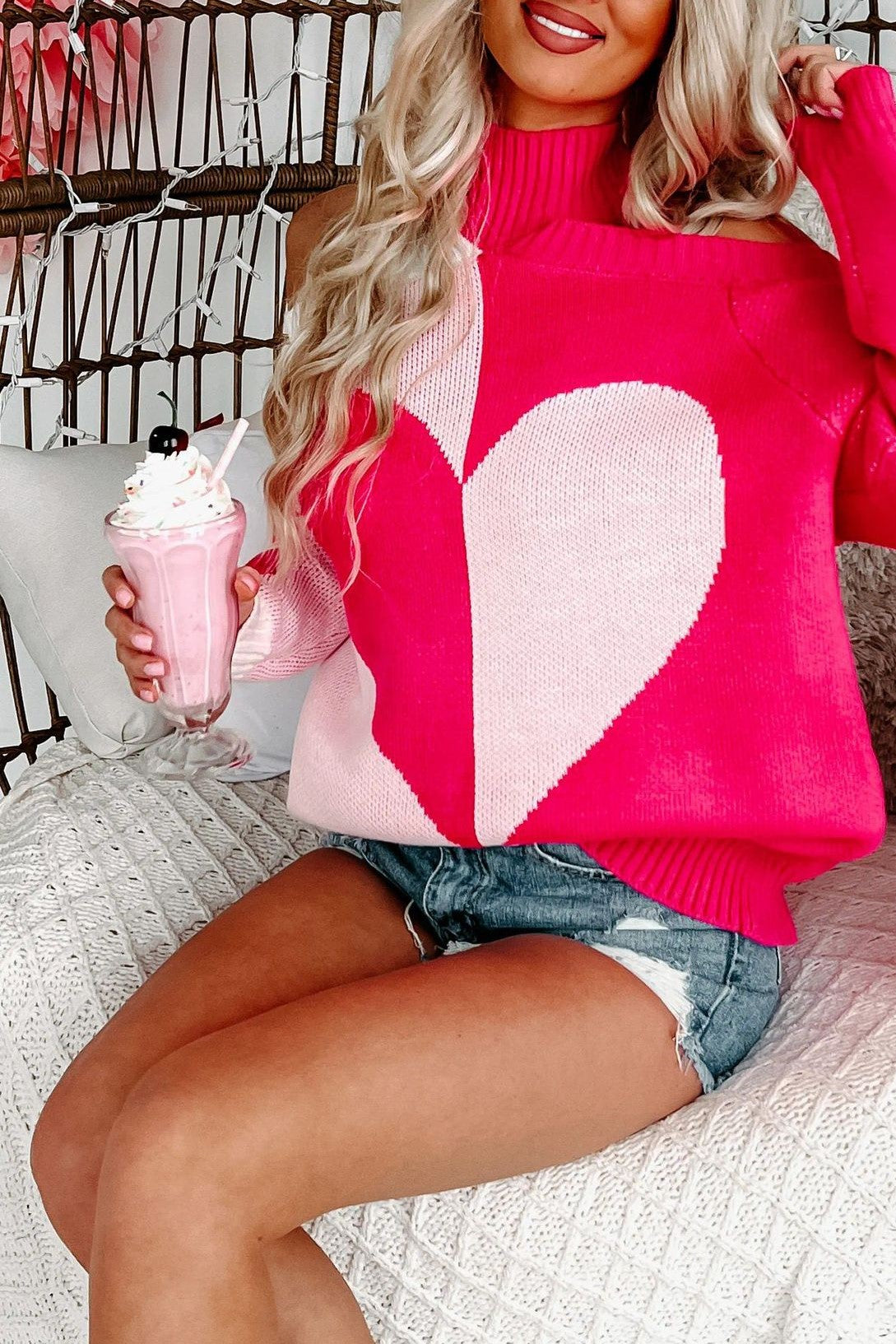 Cold Shoulder Cutout Heart Knit Sweater - Pink - 1