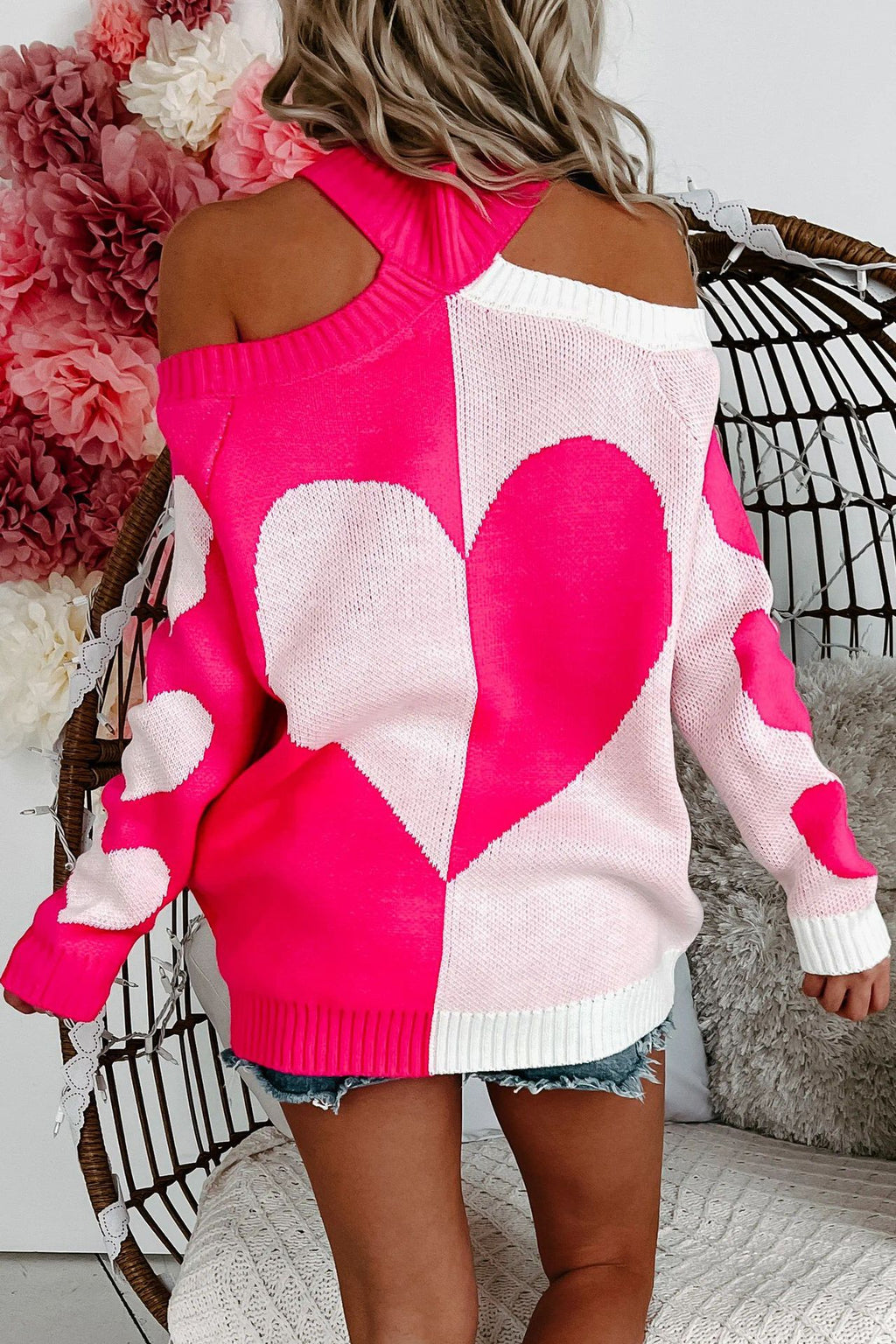 Cold Shoulder Cutout Heart Knit Sweater - Pink - 7