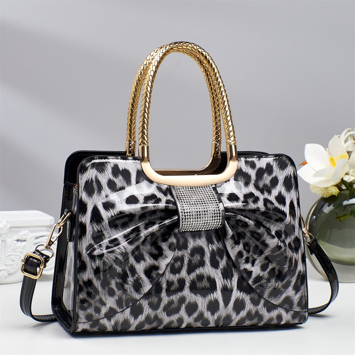 Rhinestone Bow Leopard Top Handle Bag - Black