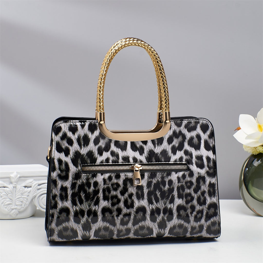 Rhinestone Bow Leopard Top Handle Bag - Black - 1