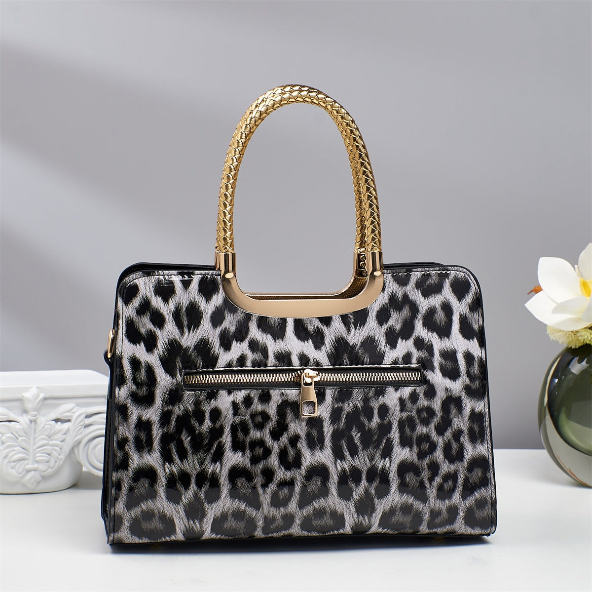 Rhinestone Bow Leopard Top Handle Bag - Black - 1