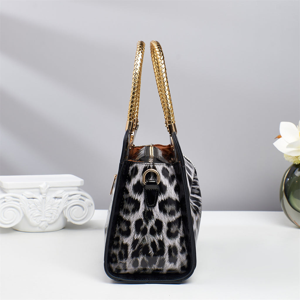 Rhinestone Bow Leopard Top Handle Bag - Black - 2