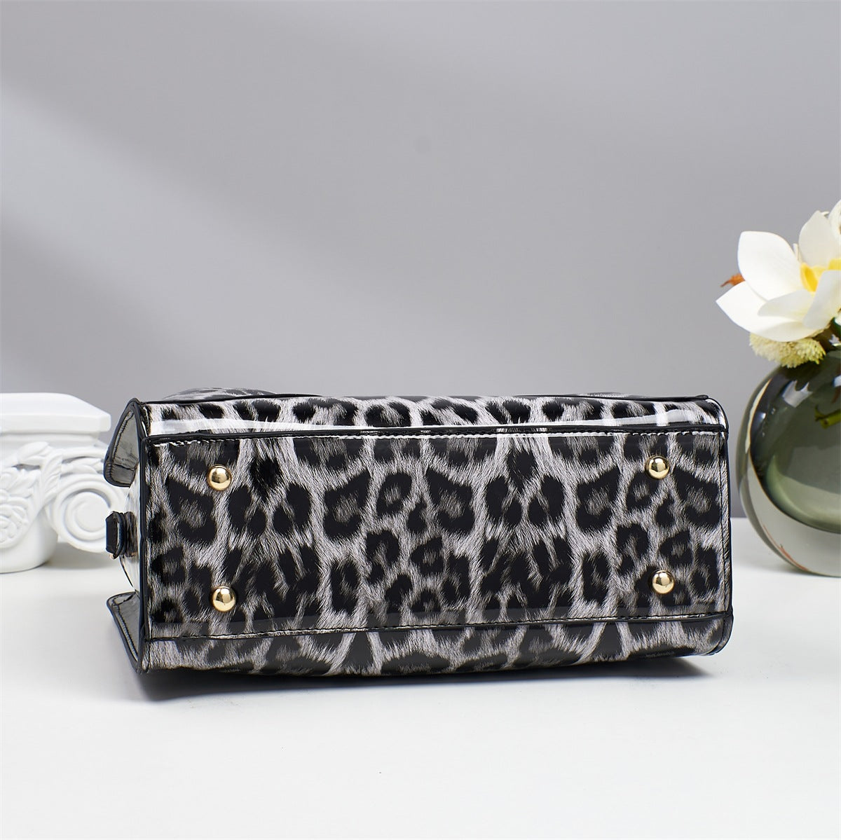 Rhinestone Bow Leopard Top Handle Bag - Black - 3