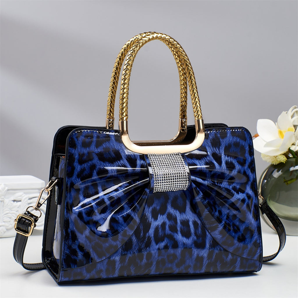 Rhinestone Bow Leopard Top Handle Bag - Blue