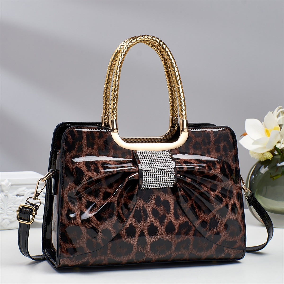 Rhinestone Bow Leopard Top Handle Bag - Coffee