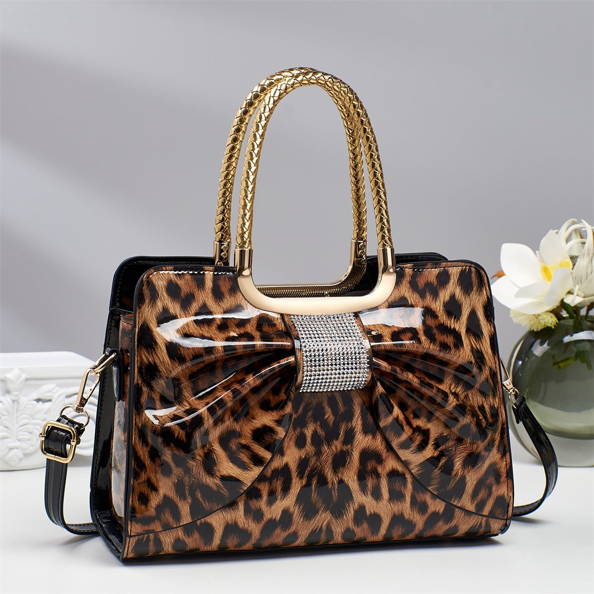 Rhinestone Bow Leopard Top Handle Bag - Earth