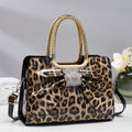 Rhinestone Bow Leopard Top Handle Bag - Khaki