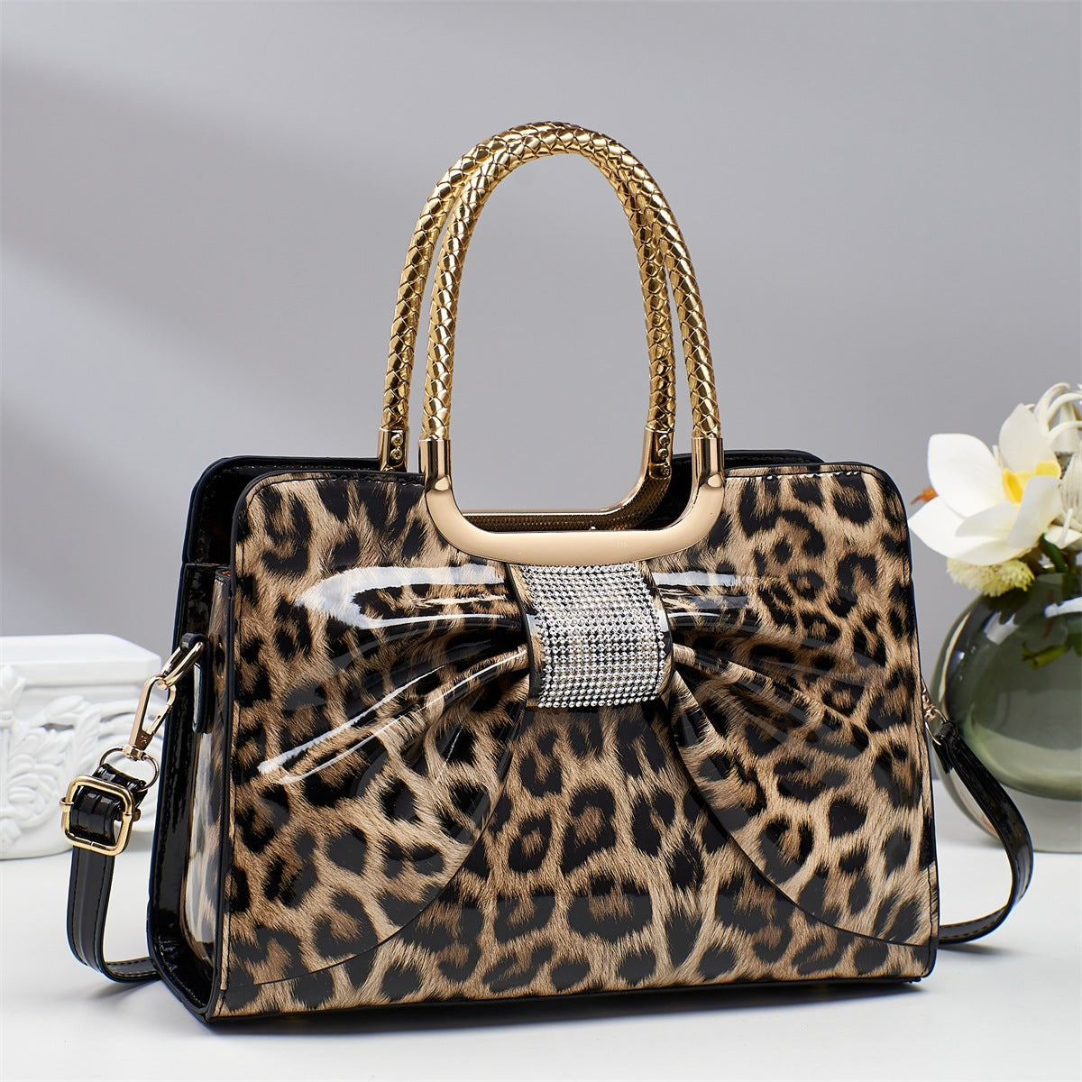 Rhinestone Bow Leopard Top Handle Bag - Khaki