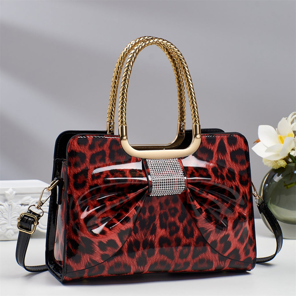 Rhinestone Bow Leopard Top Handle Bag - Wine_red