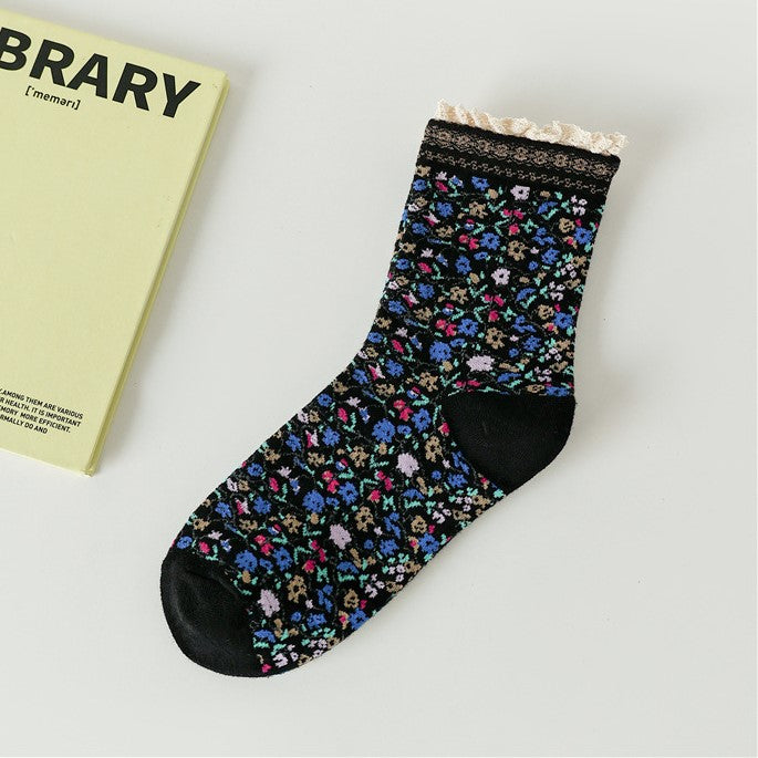 Tiny Flower Lace Trim Crew Socks - Black