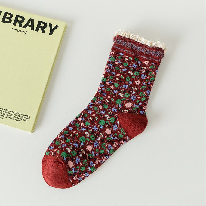 Tiny Flower Lace Trim Crew Socks - BrickRed