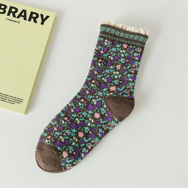 Tiny Flower Lace Trim Crew Socks - Coffee - 1