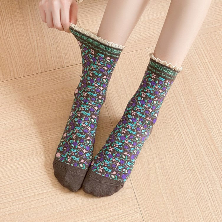 Tiny Flower Lace Trim Crew Socks - Coffee - 2