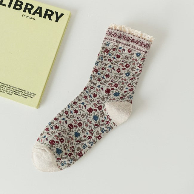 Tiny Flower Lace Trim Crew Socks - Khaki