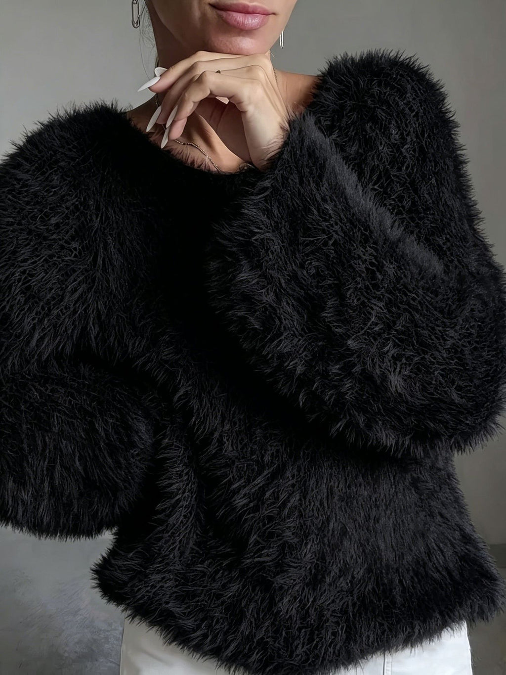 Shaggy Faux Fur Fuzzy Knit Pullover - Black