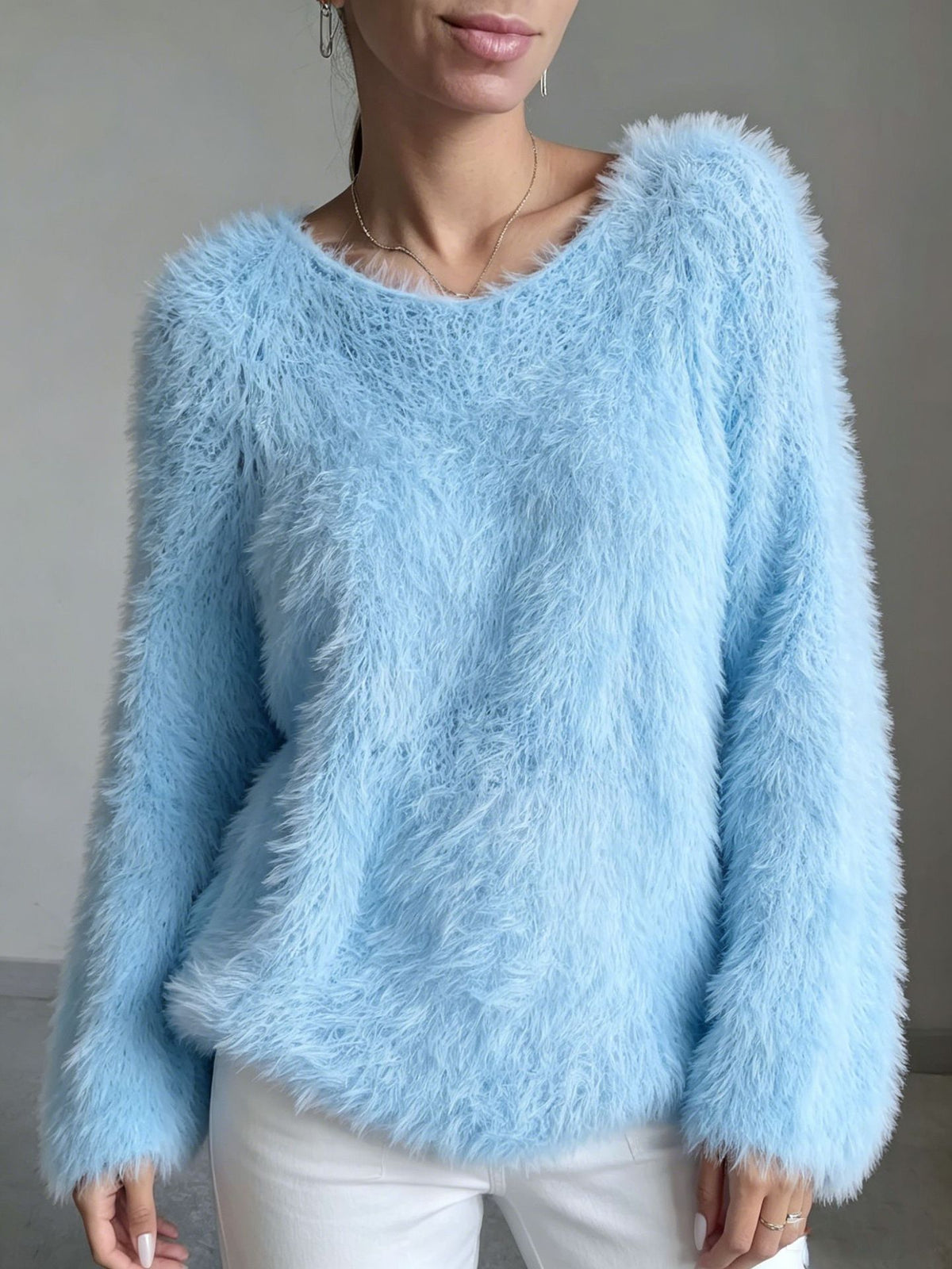 Shaggy Faux Fur Fuzzy Knit Pullover - Blue