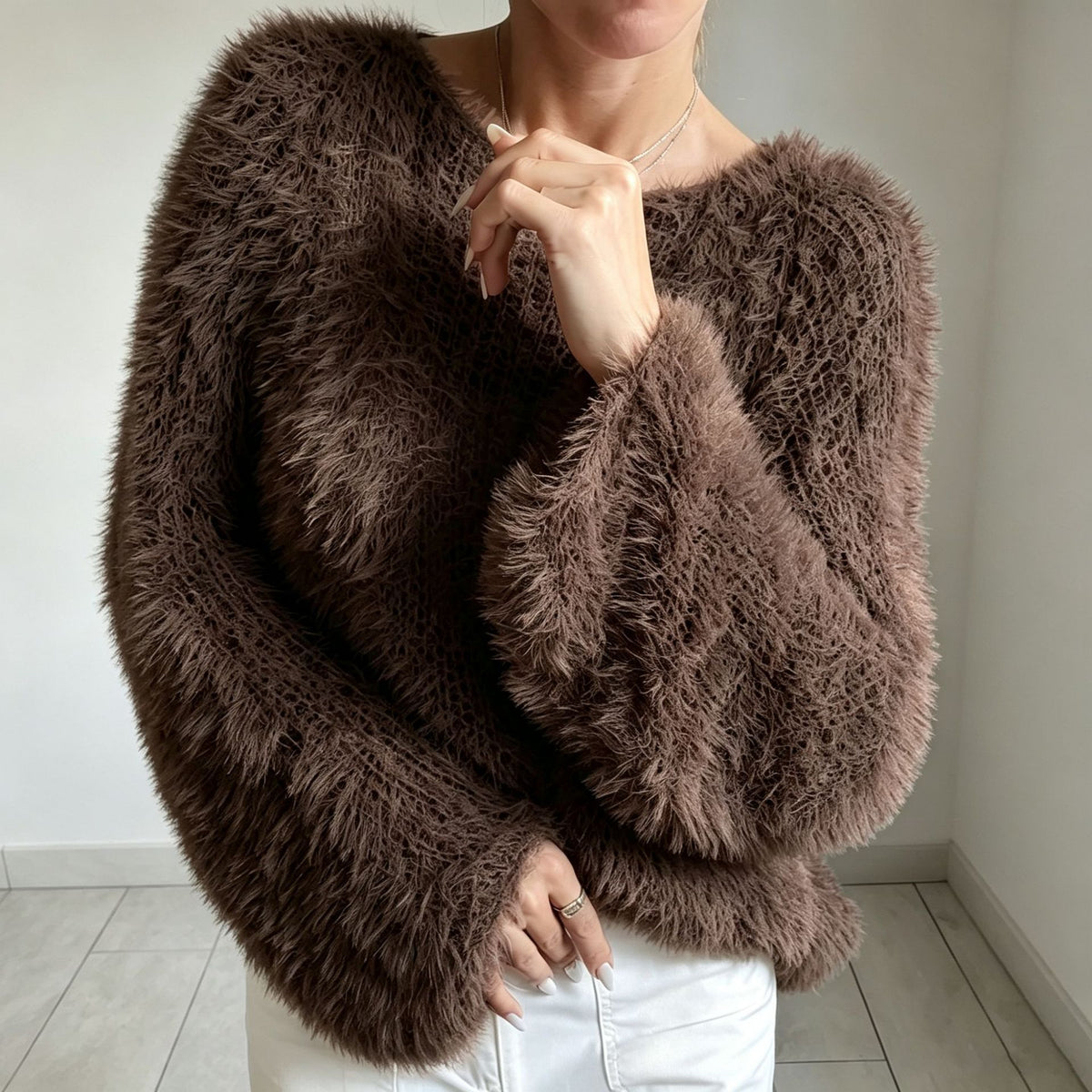 Shaggy Faux Fur Fuzzy Knit Pullover - Brown
