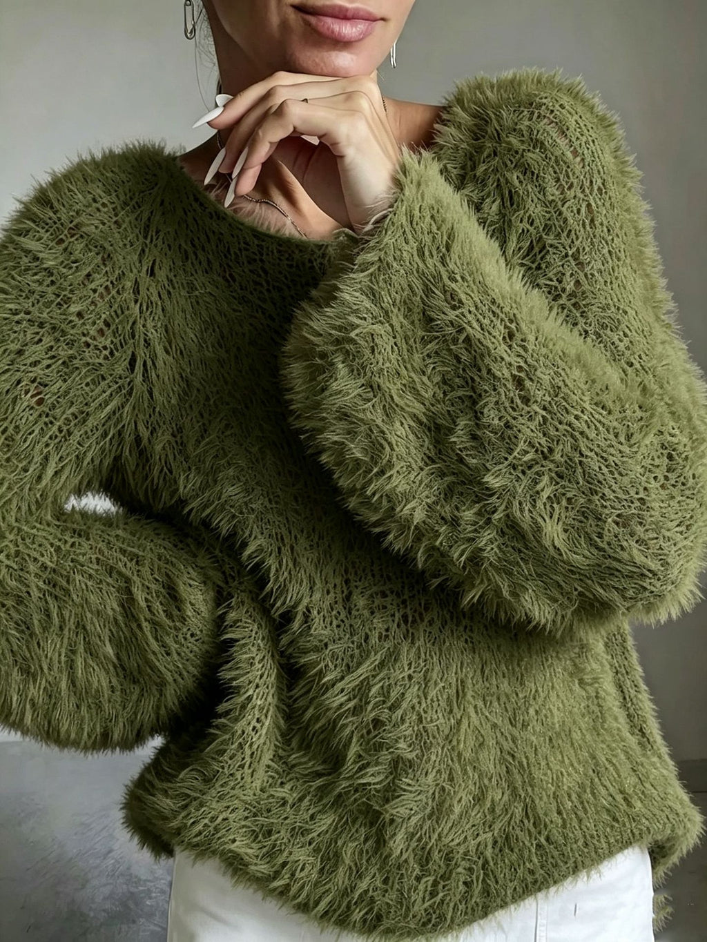 Shaggy Faux Fur Fuzzy Knit Pullover - Green