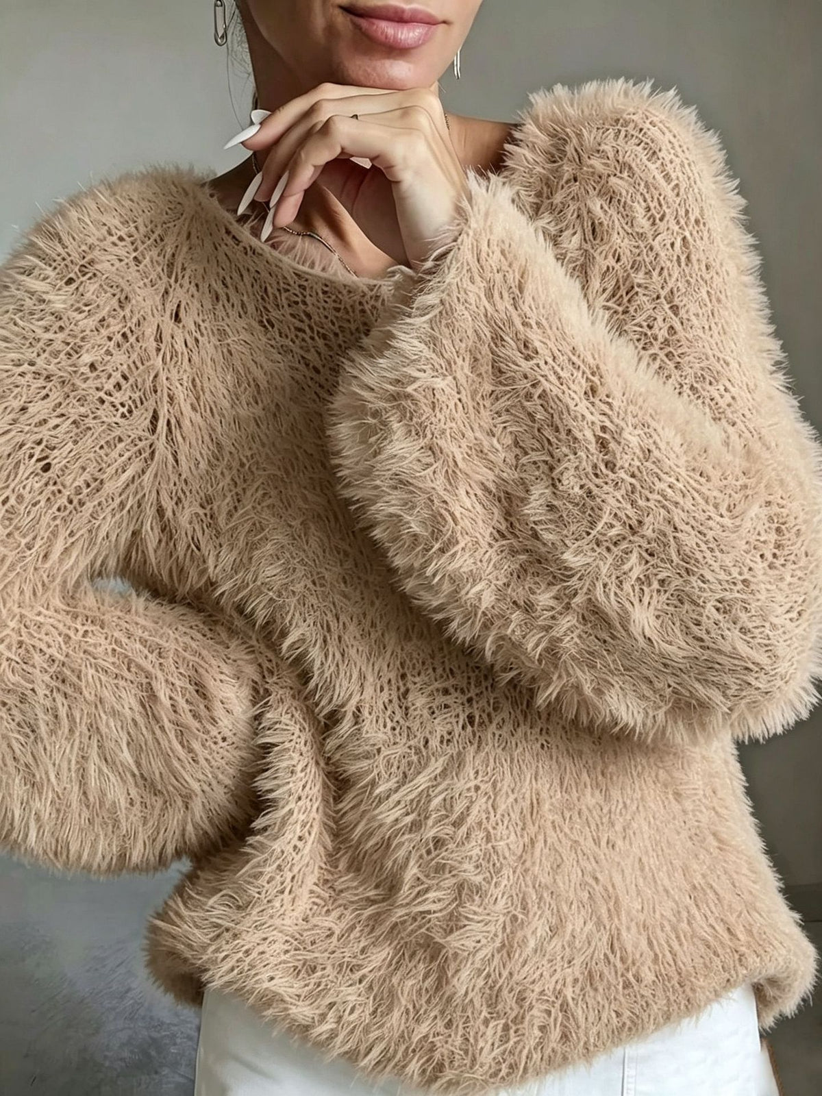 Shaggy Faux Fur Fuzzy Knit Pullover - Khaki