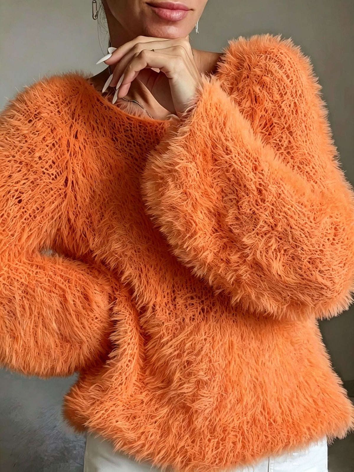 Shaggy Faux Fur Fuzzy Knit Pullover - Orange