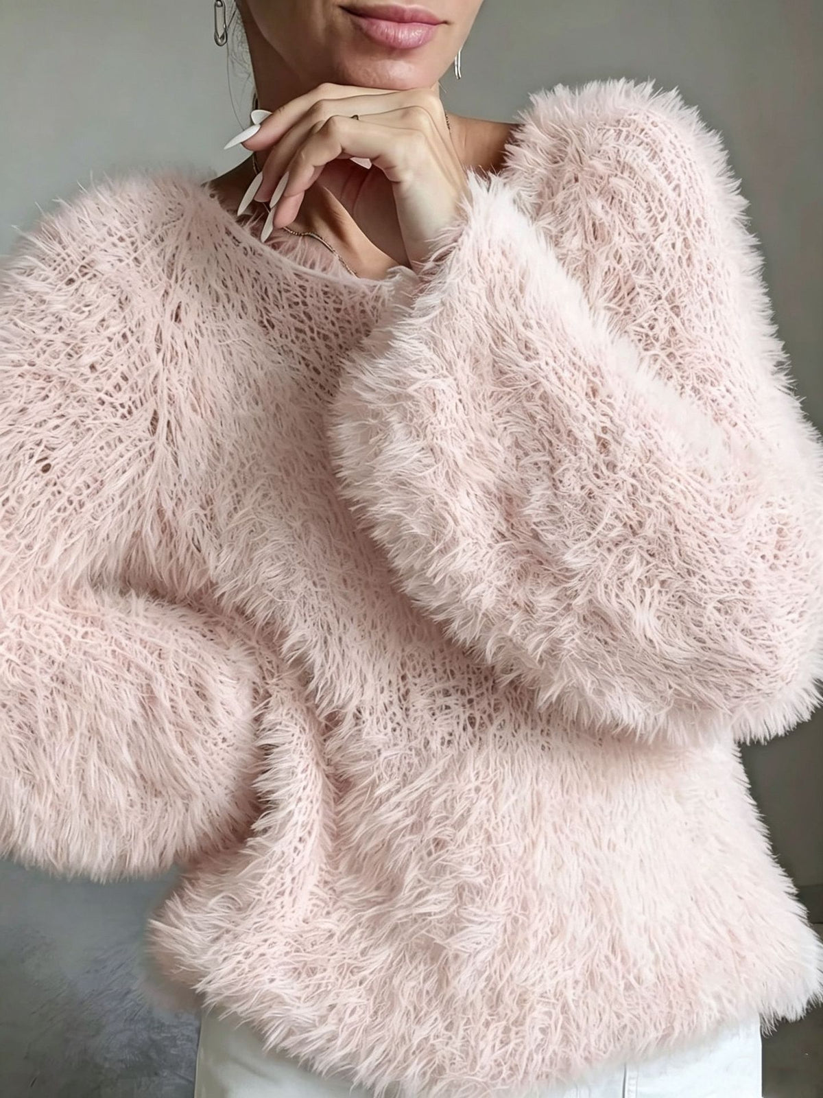 Shaggy Faux Fur Fuzzy Knit Pullover - Pink