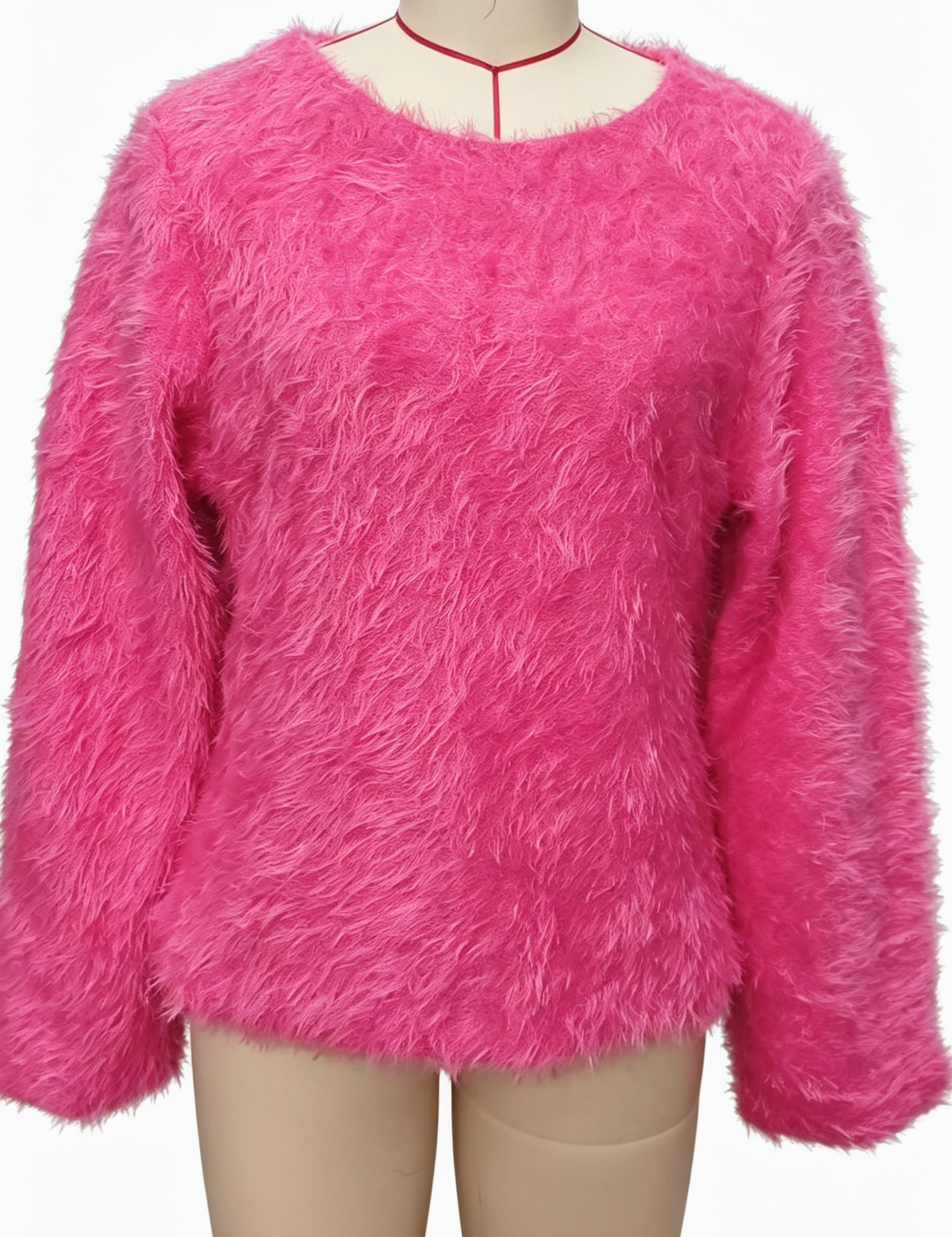 Shaggy Faux Fur Fuzzy Knit Pullover - Rose_Red