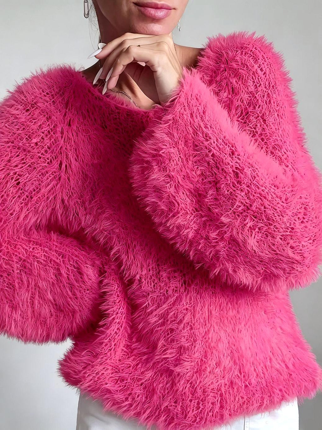 Shaggy Faux Fur Fuzzy Knit Pullover - Rose_Red - 1