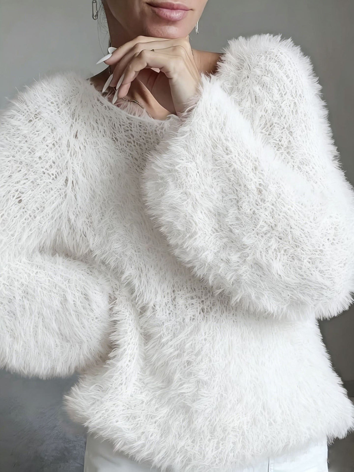 Shaggy Faux Fur Fuzzy Knit Pullover - White