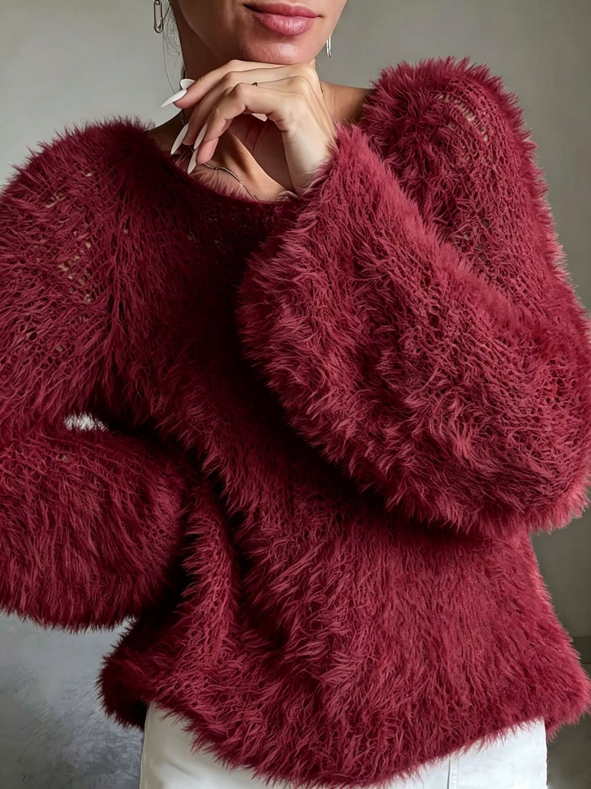 Shaggy Faux Fur Fuzzy Knit Pullover - Wine_Red