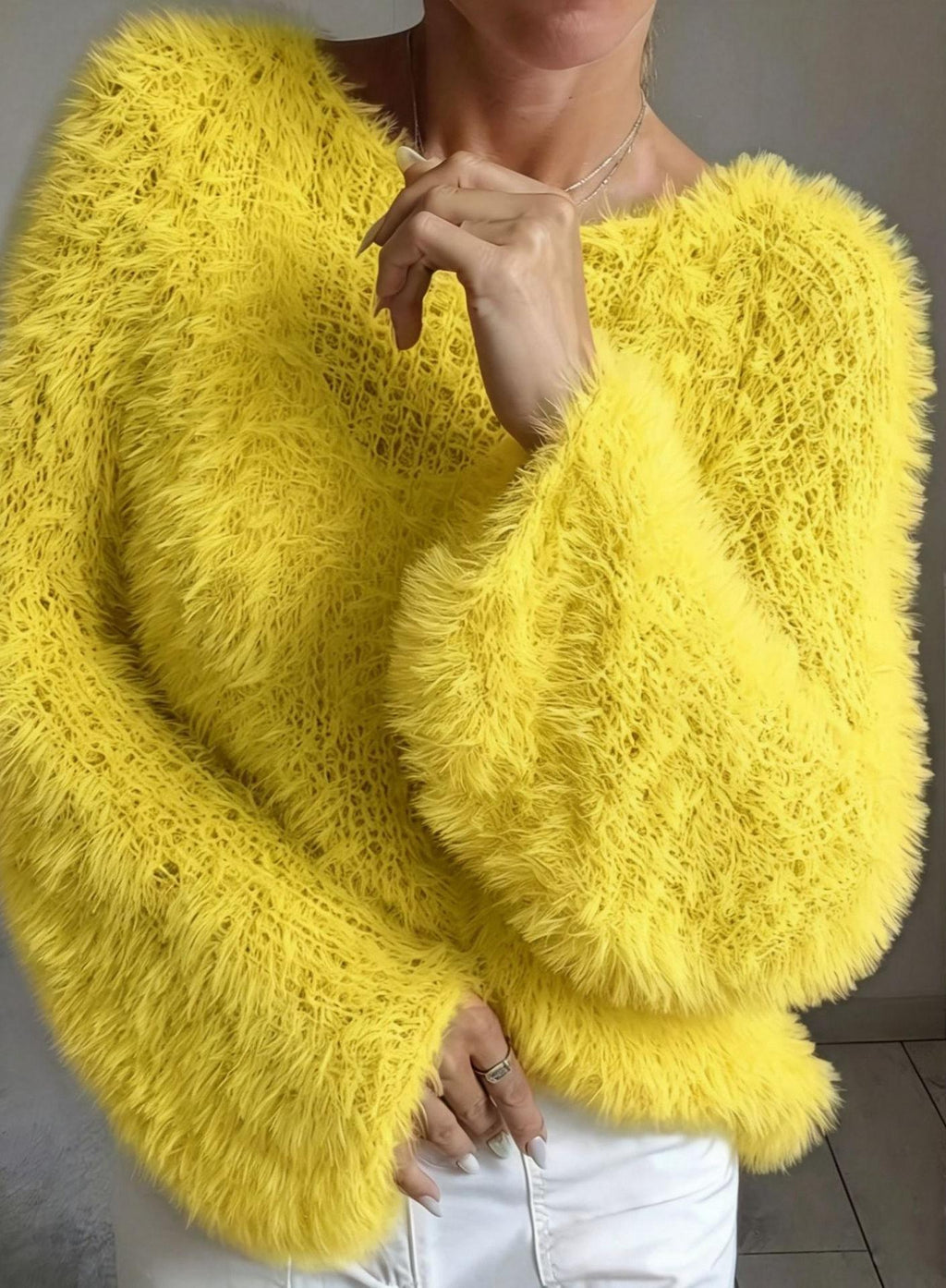 Shaggy Faux Fur Fuzzy Knit Pullover - Yellow