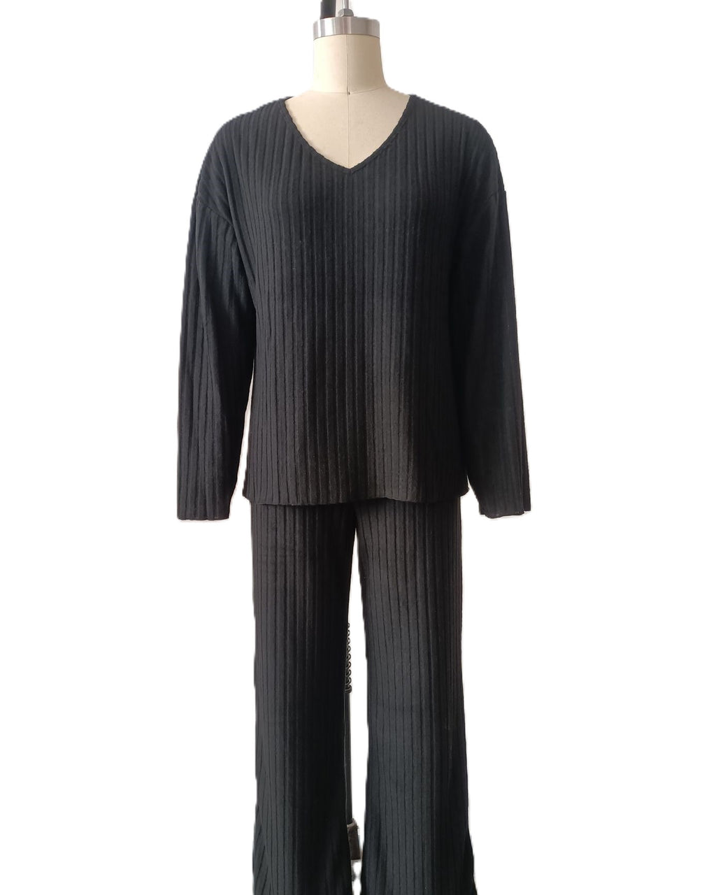Slouchy Brushed Rib Two Piece Lounge Set - Black