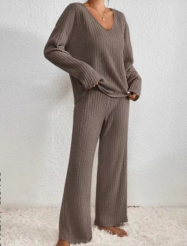 Slouchy Brushed Rib Two Piece Lounge Set - Camel - 2