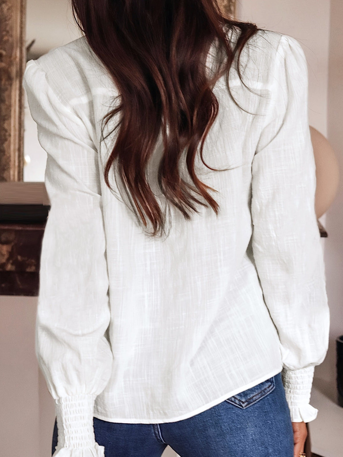 Embroidered Ruffle Collar Puff Sleeve Blouse - White - 2