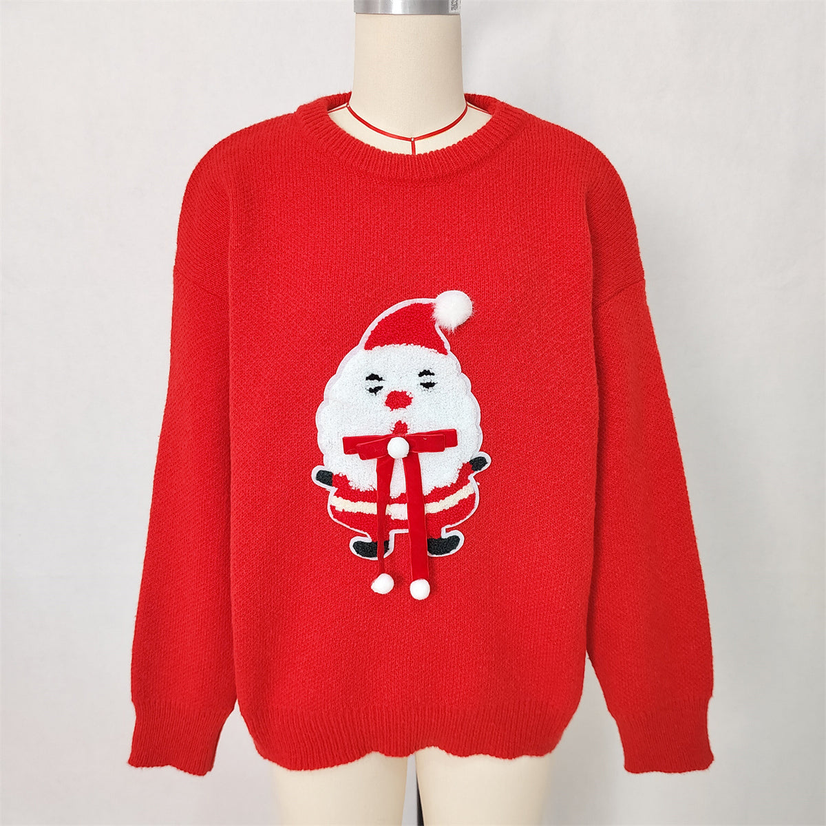 Santa Applique Drop Shoulder Winter Sweater - Red - 1