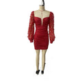 Sequin Puff Sleeve Ruched Mini Dress - Red