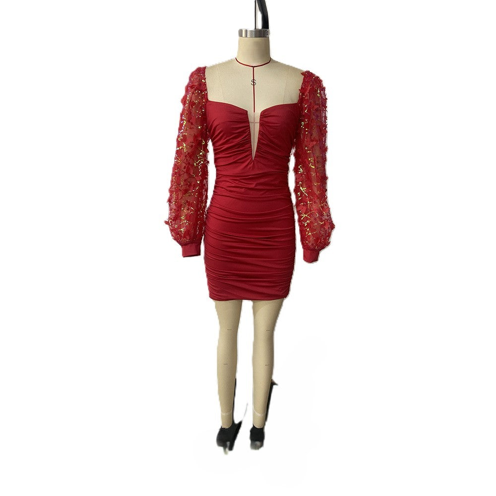 Sequin Puff Sleeve Ruched Mini Dress - Red