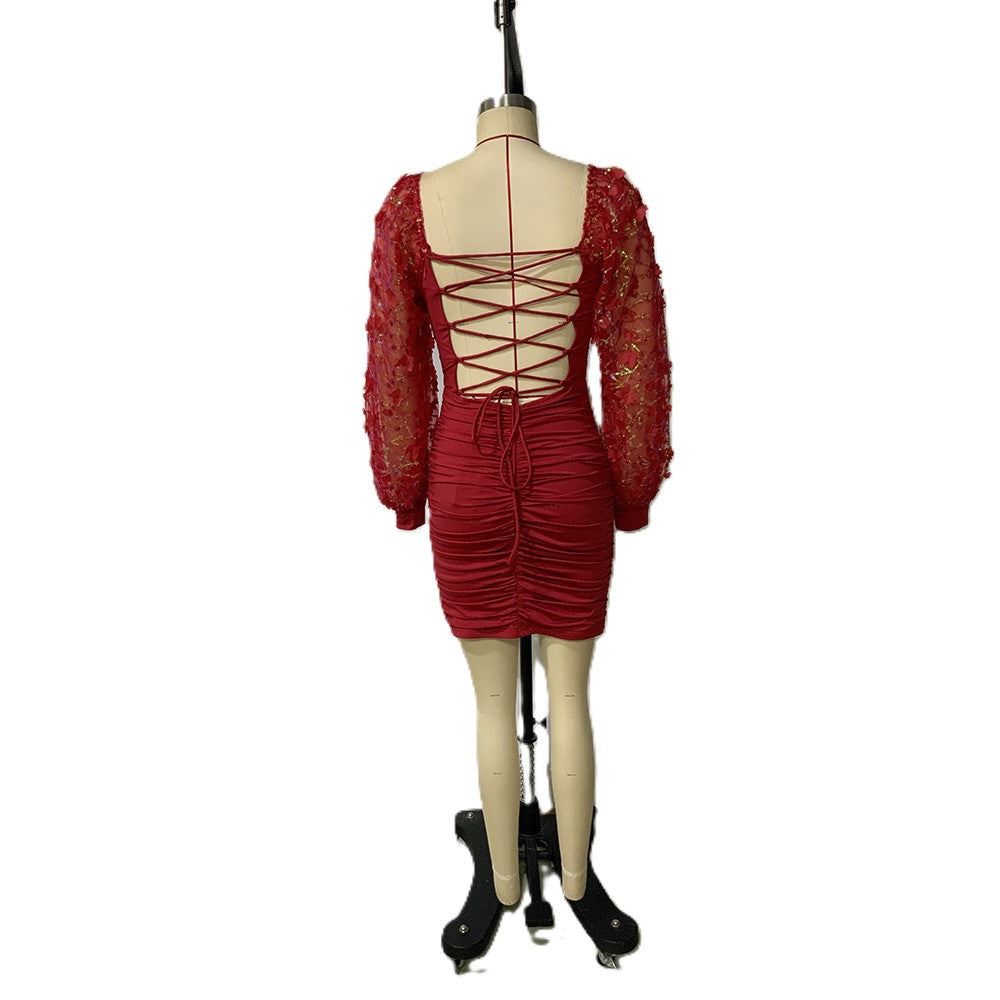Sequin Puff Sleeve Ruched Mini Dress - Red - 2
