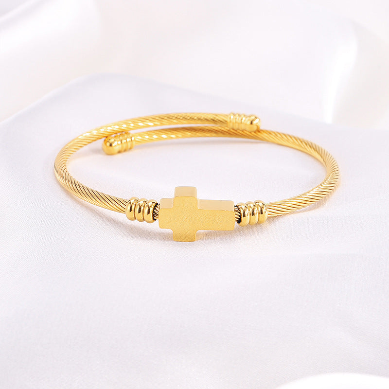 Twisted Cable Wire Charm Open Cuff Bracelet - Cross_1